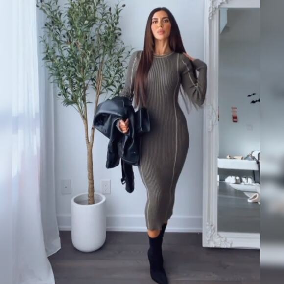 ZARA RIBBED KNIT PIPED STRETCH LONG SLEEVE MIDI DRESS KHAKI - Picture 8 of 13